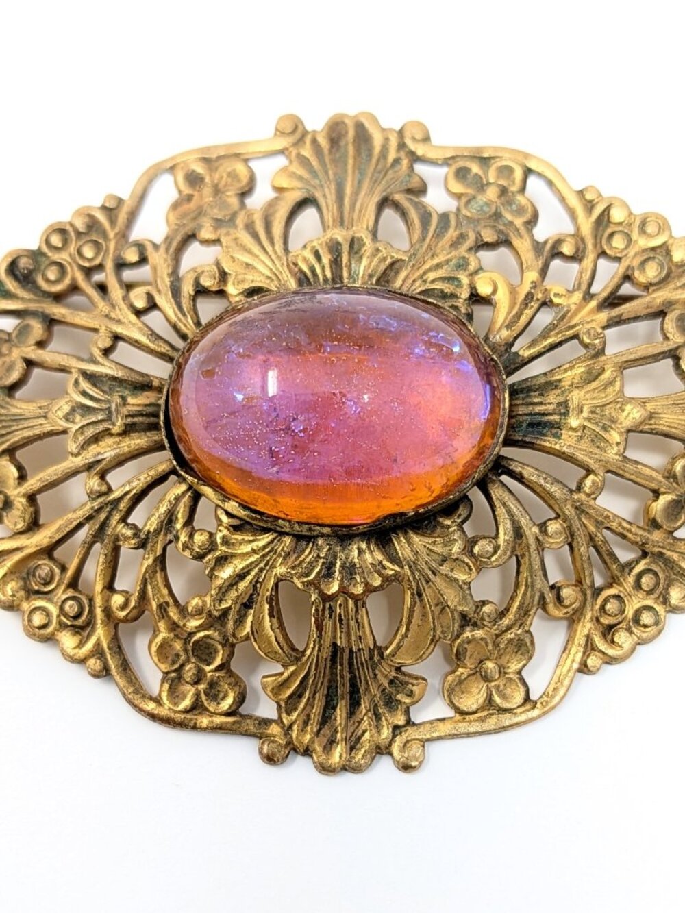 Vintage to Antique Dragon's Breath Glass Brooch Pin Large Art Nouveau Brass